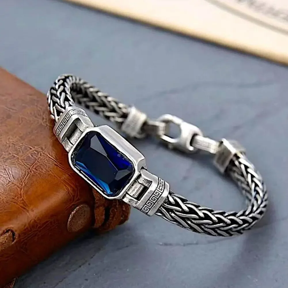 Sterling Silver Blue Zircon Braided Bracelet, Unisex, Handmade